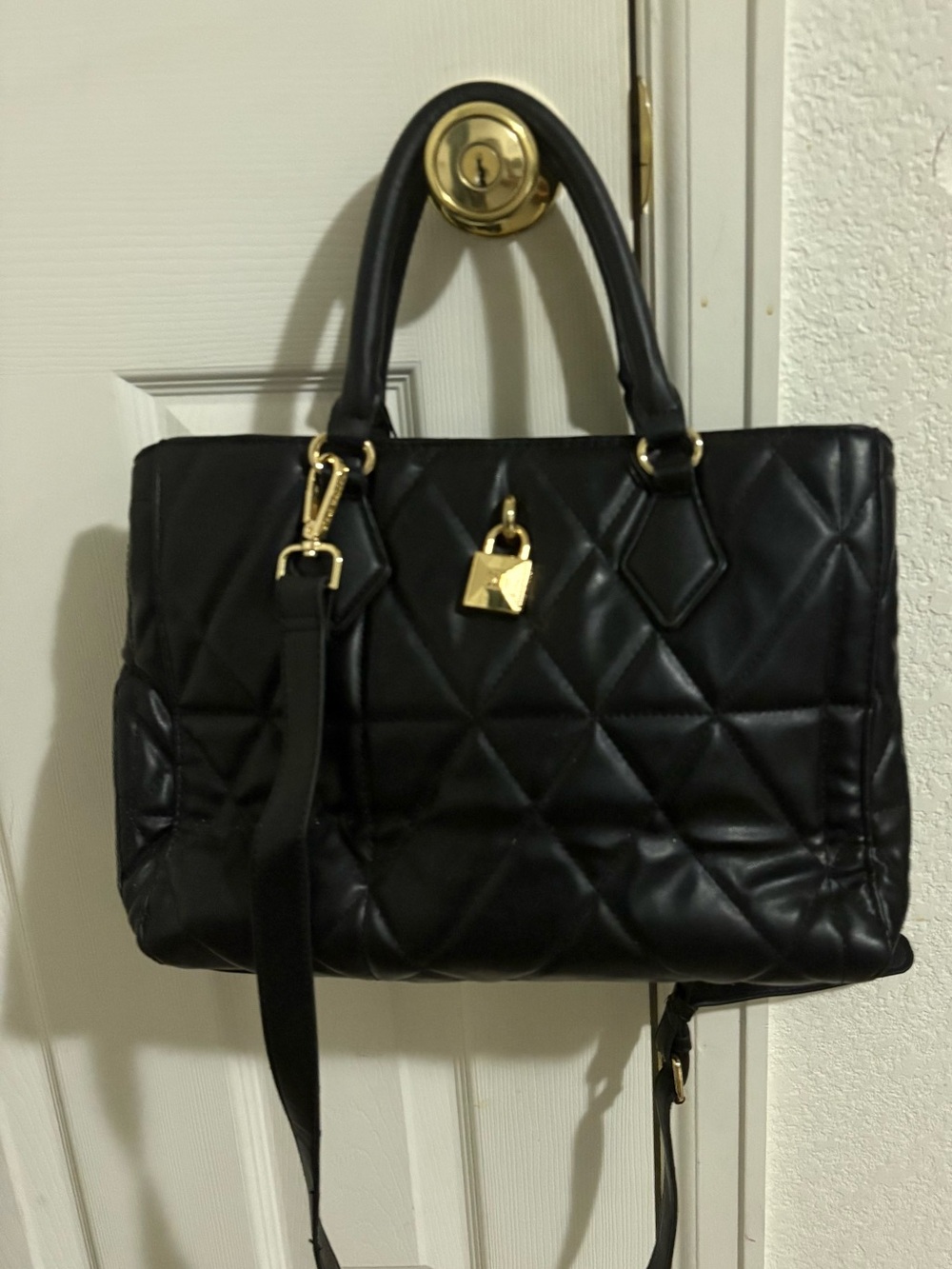 Black Quilted Tote Bag with Gold Hardware - Designer Style Steve Madden